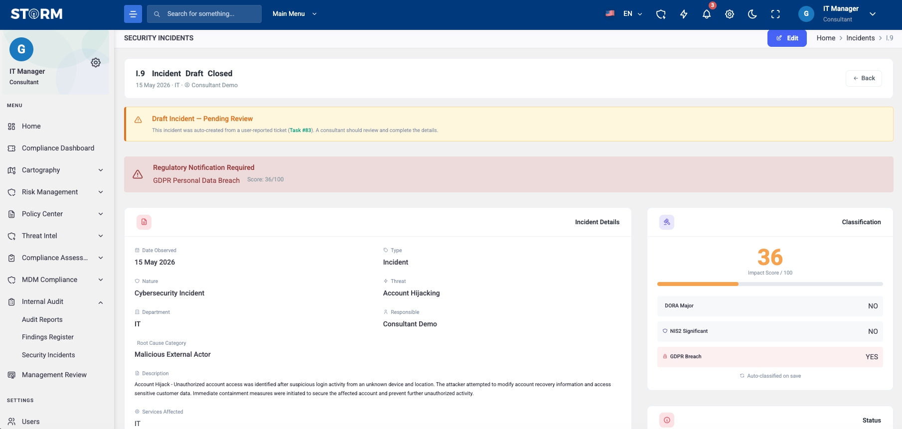 STORM security incident record classified as a GDPR personal data breach