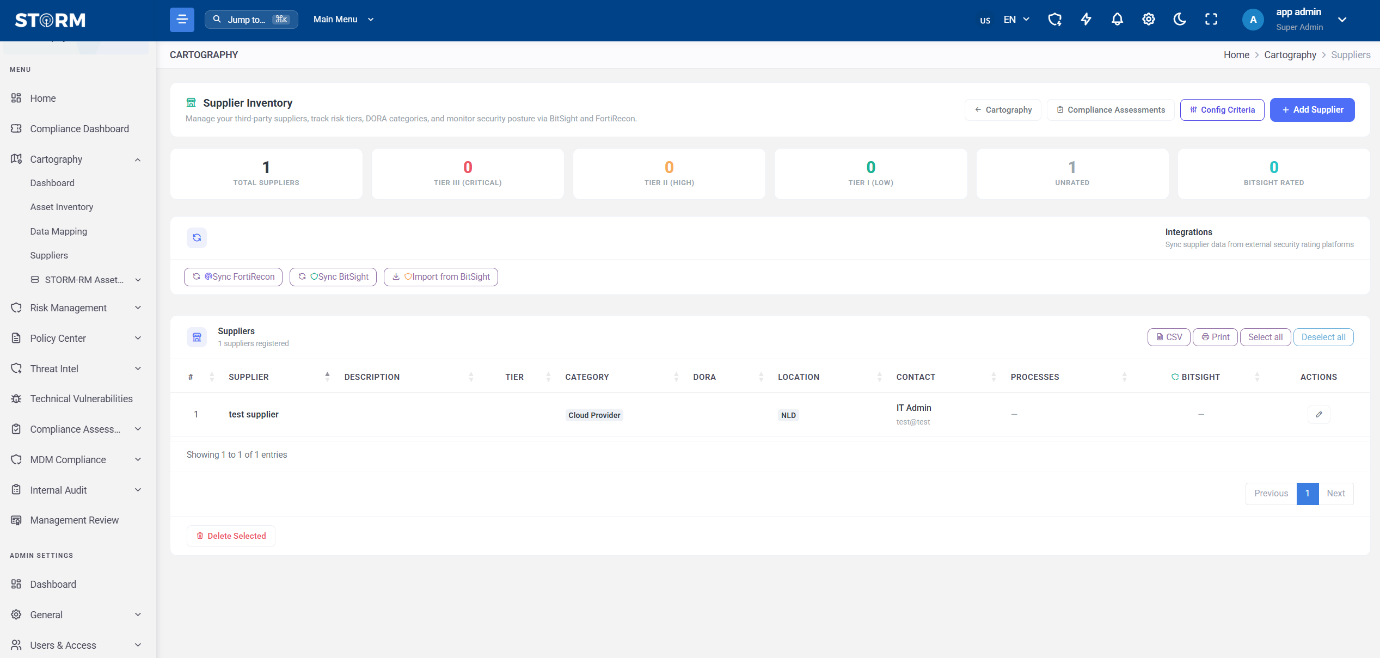 STORM Supplier Inventory showing portfolio metrics, integration actions and supplier records