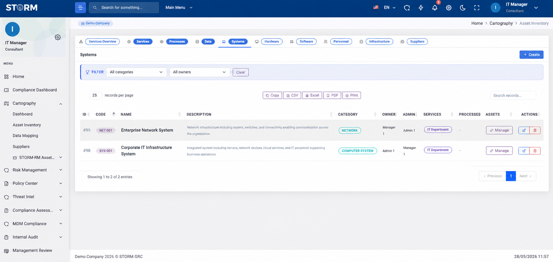 STORM inventory of business services and supporting systems