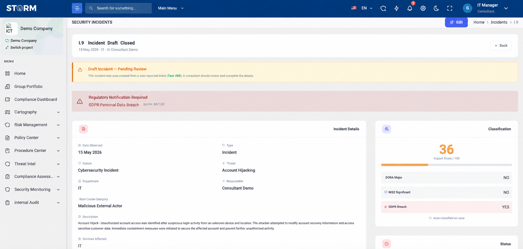 STORM incident management dashboard